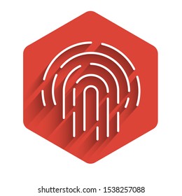 White line Fingerprint icon isolated with long shadow. ID app icon. Identification sign. Touch id. Red hexagon button. Vector Illustration