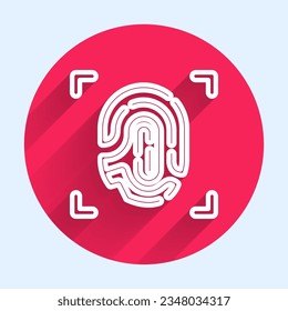 White line Fingerprint icon isolated with long shadow. ID app icon. Identification sign. Touch id. Red circle button. Vector
