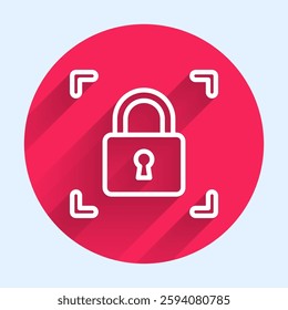 White line Fingerprint with lock icon isolated with long shadow. ID app icon. Identification sign. Touch id. Red circle button. Vector