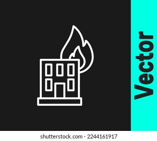 White line Fire in burning building on city street icon isolated on black background. Destroyed city on fire.  Vector