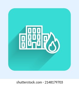 White line Fire in burning buildings on city street icon isolated with long shadow. Destroyed city on fire. Green square button. Vector