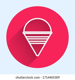 White line Fire cone bucket icon isolated with long shadow. Metal cone bucket empty or with water for fire fighting. Red circle button. Vector Illustration