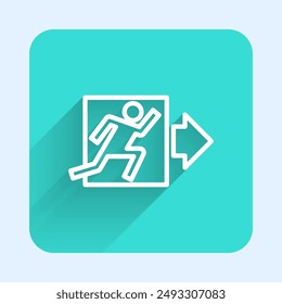 White line Fire exit icon isolated with long shadow background. Fire emergency icon. Green square button. Vector