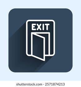 White line Fire exit icon isolated with long shadow background. Fire emergency icon. Blue square button. Vector