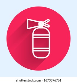 White line Fire extinguisher icon isolated with long shadow. Red circle button. Vector Illustration