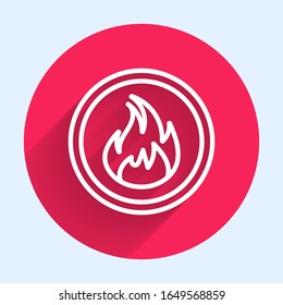 White line Fire flame icon isolated with long shadow. Red circle button. Vector Illustration