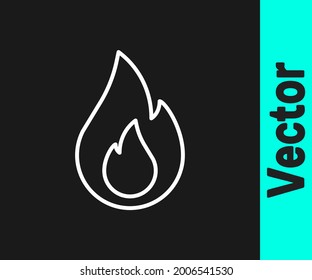 White line Fire flame icon isolated on black background.  Vector