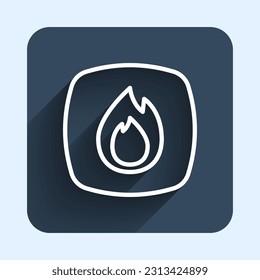 White line Fire flame icon isolated with long shadow background. Blue square button. Vector