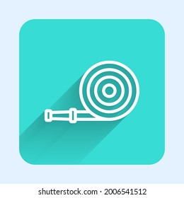 White Line Fire Hose Reel Icon Isolated With Long Shadow. Green Square Button. Vector