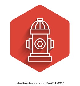 White line Fire hydrant icon isolated with long shadow. Red hexagon button. Vector Illustration
