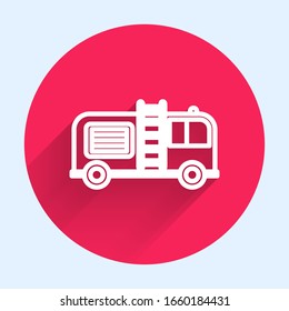 White line Fire truck icon isolated with long shadow. Fire engine. Firefighters emergency vehicle. Red circle button. Vector Illustration