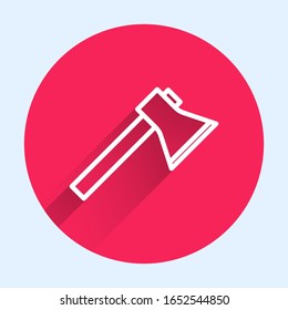 White line Firefighter axe icon isolated with long shadow. Fire axe. Red circle button. Vector Illustration