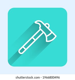 White line Firefighter axe icon isolated with long shadow. Fire axe. Green square button. Vector