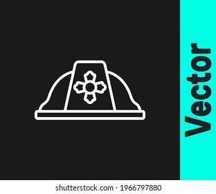 White line Firefighter helmet or fireman hat icon isolated on black background.  Vector