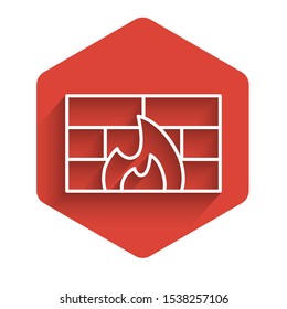 White line Firewall, security wall icon isolated with long shadow. Red hexagon button. Vector Illustration