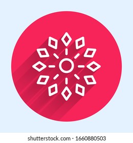 White line Firework icon isolated with long shadow. Concept of fun party. Explosive pyrotechnic symbol. Red circle button. Vector Illustration
