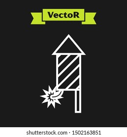 White line Firework rocket icon isolated on black background. Concept of fun party. Explosive pyrotechnic symbol.  Vector Illustration