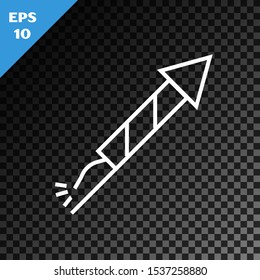 White line Firework rocket icon isolated on transparent dark background. Concept of fun party. Explosive pyrotechnic symbol.  Vector Illustration