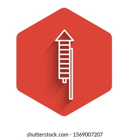White line Firework rocket icon isolated with long shadow. Concept of fun party. Explosive pyrotechnic symbol. Red hexagon button. Vector Illustration
