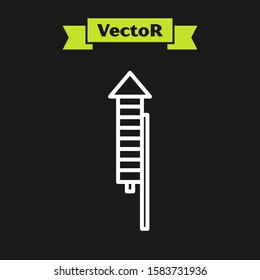 White line Firework rocket icon isolated on black background. Concept of fun party. Explosive pyrotechnic symbol.  Vector Illustration