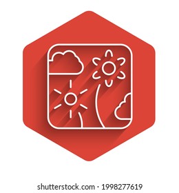 White line Firework rocket icon isolated with long shadow. Concept of fun party. Explosive pyrotechnic symbol. Red hexagon button. Vector