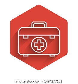 White line First aid kit icon isolated with long shadow. Medical box with cross. Medical equipment for emergency. Healthcare concept. Red hexagon button. Vector Illustration