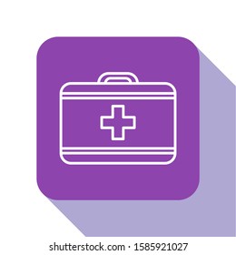 White line First aid kit icon isolated on white background. Medical box with cross. Medical equipment for emergency. Healthcare concept. Purple square button. Vector Illustration