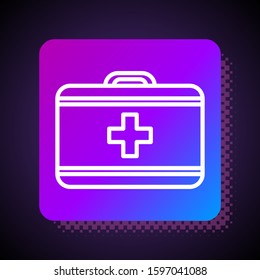 White line First aid kit icon isolated on black background. Medical box with cross. Medical equipment for emergency. Healthcare concept. Square color button. Vector Illustration
