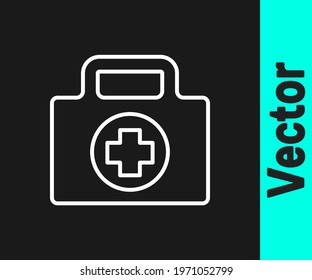 White line First aid kit icon isolated on black background. Medical box with cross. Medical equipment for emergency. Healthcare concept.  Vector Illustration
