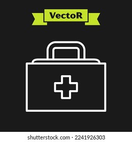White line First aid kit icon isolated on black background. Medical box with cross. Medical equipment for emergency. Healthcare concept.  Vector Illustration