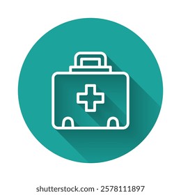 White line First aid kit icon isolated with long shadow background. Medical box with cross. Medical equipment for emergency. Healthcare concept. Green circle button. Vector