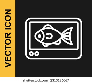 Icono de sonda de eco del buscador de peces de línea blanca aislado en fondo negro. Equipamiento electrónico para la pesca.  Vector