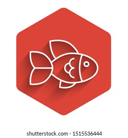 White line Fish icon isolated with long shadow. Red hexagon button. Vector Illustration
