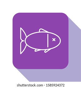 White line Fish icon isolated on white background. Purple square button. Vector Illustration