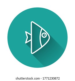 White line Fish icon isolated with long shadow. Green circle button. Vector.