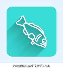 White line Fish icon isolated with long shadow. Green square button. Vector
