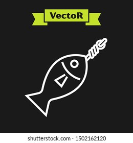 White line Fish on hook icon isolated on black background.  Vector Illustration