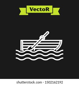 White line Fishing boat with oars on water icon isolated on black background.  Vector Illustration