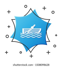 White line Fishing boat with oars on water icon isolated on white background. Blue hexagon button. Vector Illustration