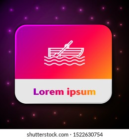 White line Fishing boat with oars on water icon isolated on black background. Rectangle color button. Vector Illustration