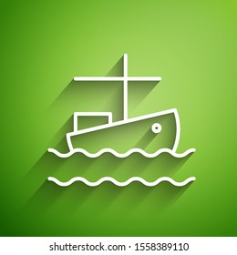 White line Fishing boat on water icon isolated on green background.  Vector Illustration