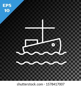 White line Fishing boat on water icon isolated on transparent dark background.  Vector Illustration