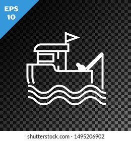 White line Fishing boat with fishing rod on water icon isolated on transparent dark background.  Vector Illustration