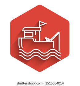 White line Fishing boat with fishing rod on water icon isolated with long shadow. Red hexagon button. Vector Illustration