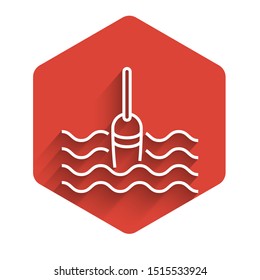 White line Fishing float in water icon isolated with long shadow. Fishing tackle. Red hexagon button. Vector Illustration