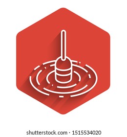 White line Fishing float in water icon isolated with long shadow. Fishing tackle. Red hexagon button. Vector Illustration