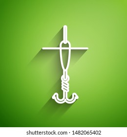 White line Fishing hook and float icon isolated on green background. Fishing tackle.  Vector Illustration
