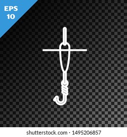 White line Fishing hook and float icon isolated on transparent dark background. Fishing tackle.  Vector Illustration