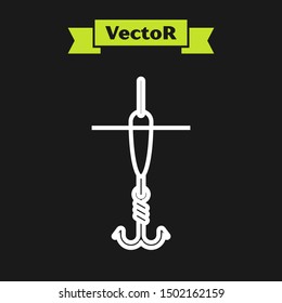 White line Fishing hook and float icon isolated on black background. Fishing tackle.  Vector Illustration