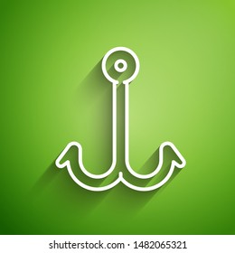 White line Fishing hook icon isolated on green background. Fishing tackle.  Vector Illustration